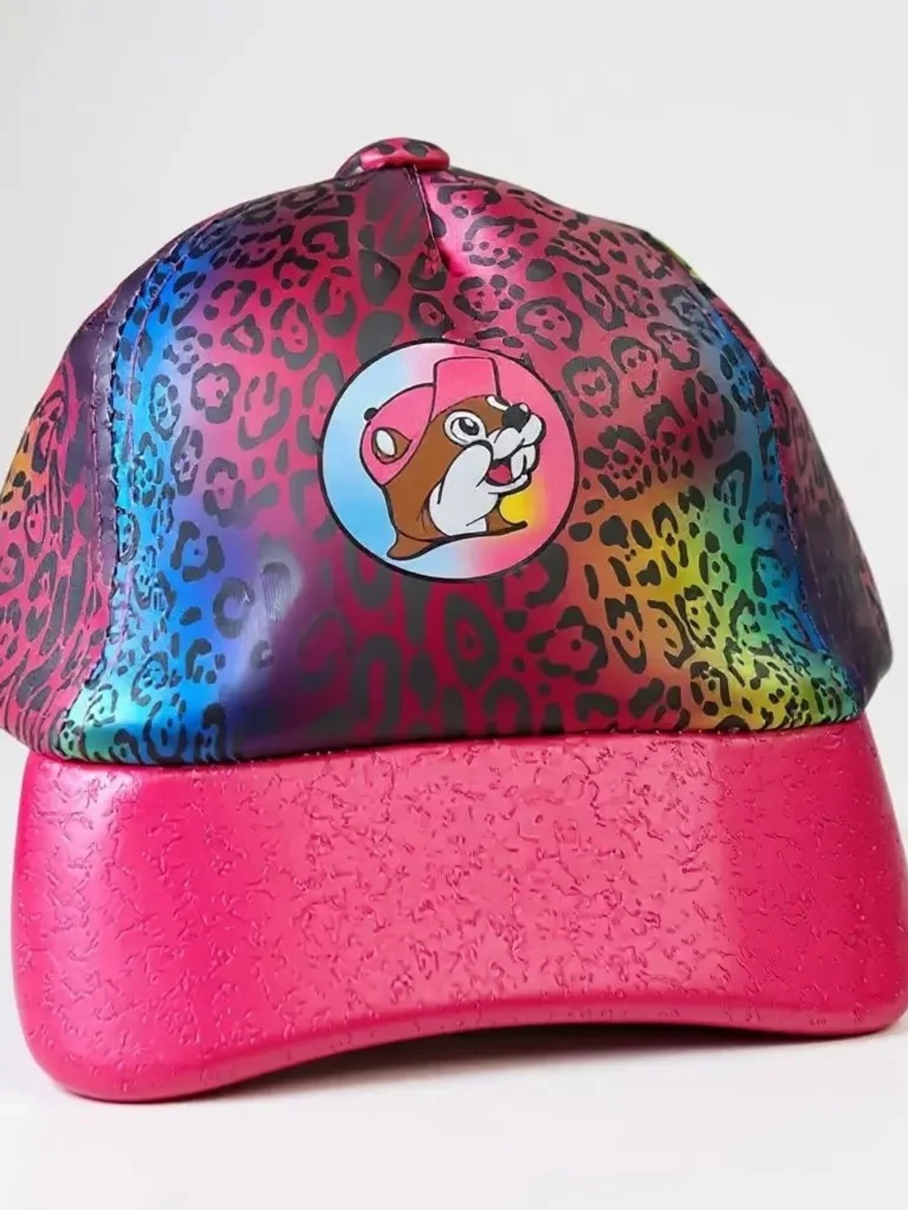 Buc-ee’s Rainbow Leopard Print Cap with Pink Brim